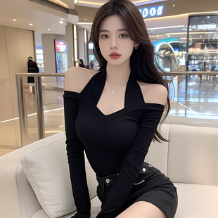 一字肩掛脖打底衫 顯瘦露肩t恤別致辣妹絕美上衣 女內搭設計感修身