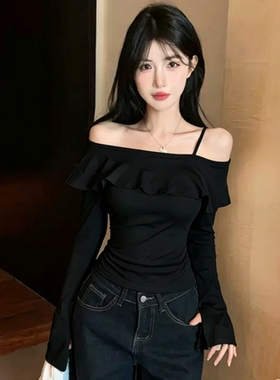 斜领露肩纯棉长袖T恤女