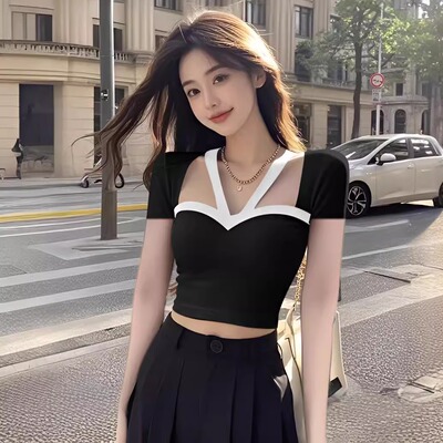 纯欲风挂脖v领长袖t恤女