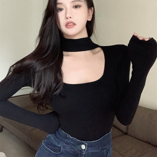挂脖性感打底衫秋冬内搭修身锁骨法式方领上衣女心机镂空T恤长袖