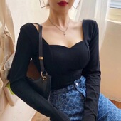 t恤春秋2024新款 上衣紧身内搭长袖 女锁骨性感短款 黑色方领打底衫