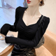 绝美别致方领上衣女法式 春秋新款 独特辣妹性感T恤黑色长袖 打底衫