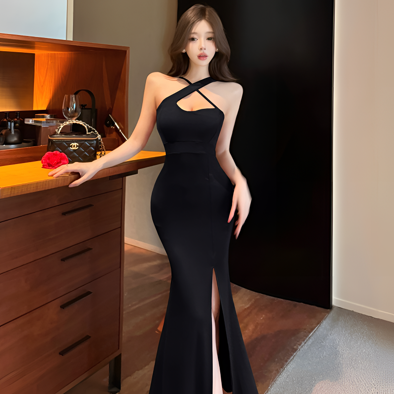 性感交叉露背吊带连衣裙收腰法式小众开叉鱼尾吊带包臀礼服中长裙