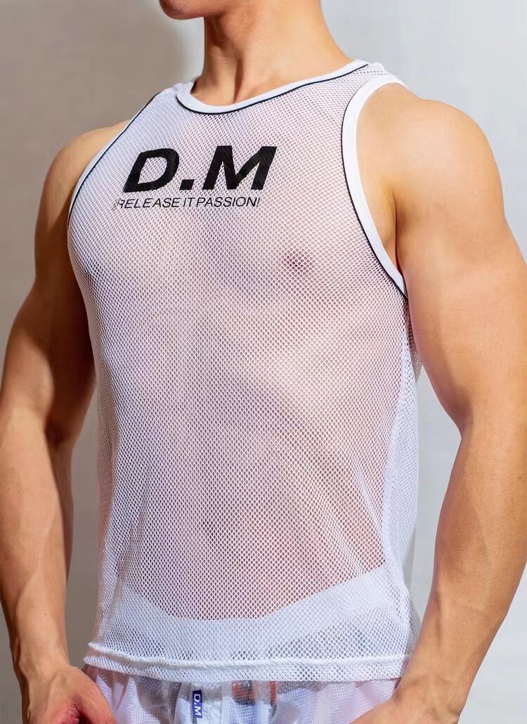 DM 남성 조끼 메쉬 패션 트렌드 스포츠 여름 통기성 조끼 민소매 섹시한 간단한 문자 느슨한