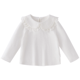 女童长款t恤春季儿童蕾丝翻领白色纯棉长袖衫5女宝宝内搭打底上衣