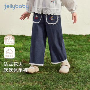 儿童法式 花边长裤 裤 7A抗菌 子 宝宝秋季 女童休闲裤 秋装 小童直筒裤