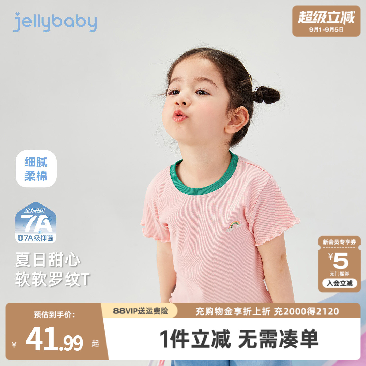 [7A抗菌]女童短袖t恤宝宝甜美花边夏装小童夏日上衣3儿童可爱衣服图片