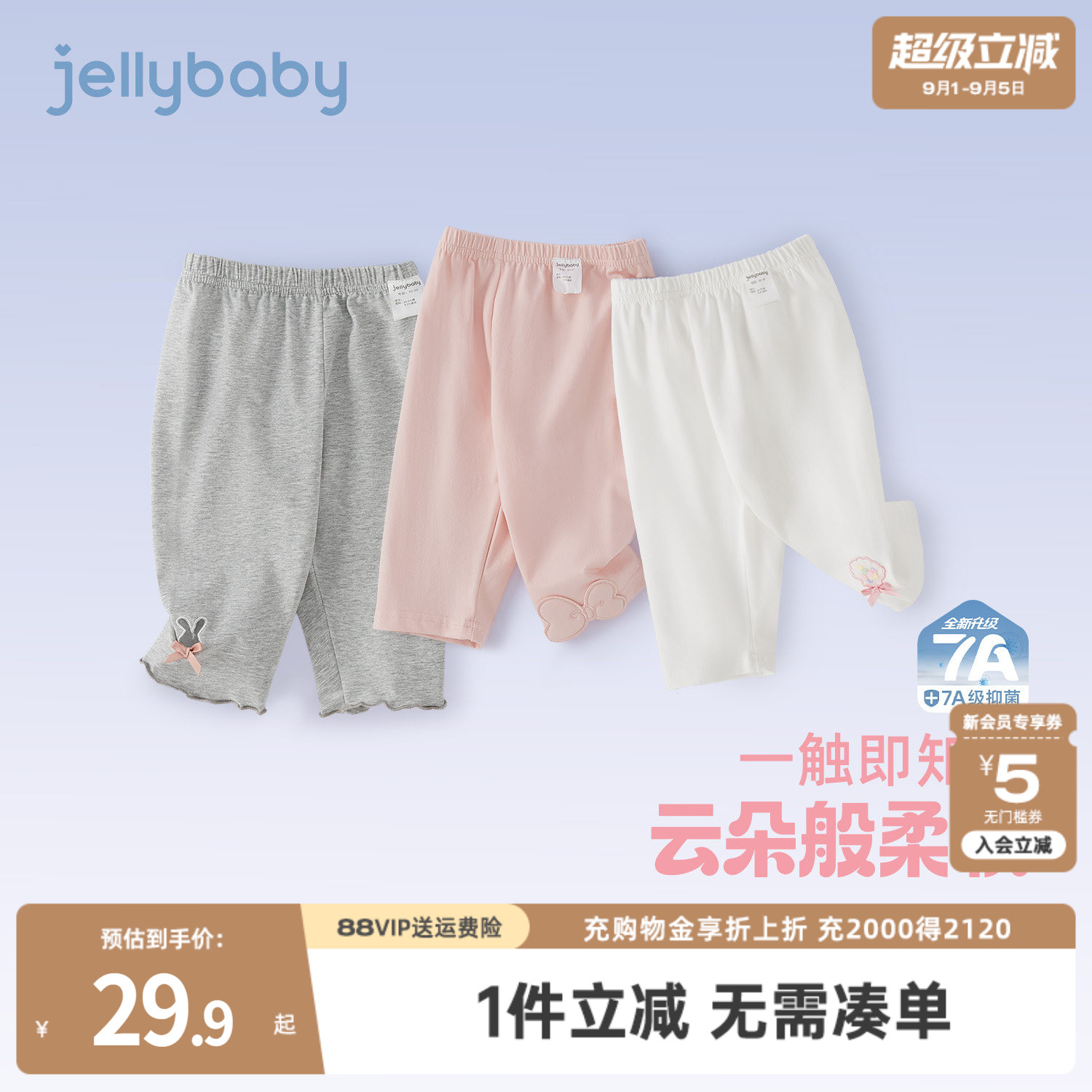 [7A抗菌]女童打底裤宝宝夏季薄款弹力七分裤小童夏装儿童透气裤子图片