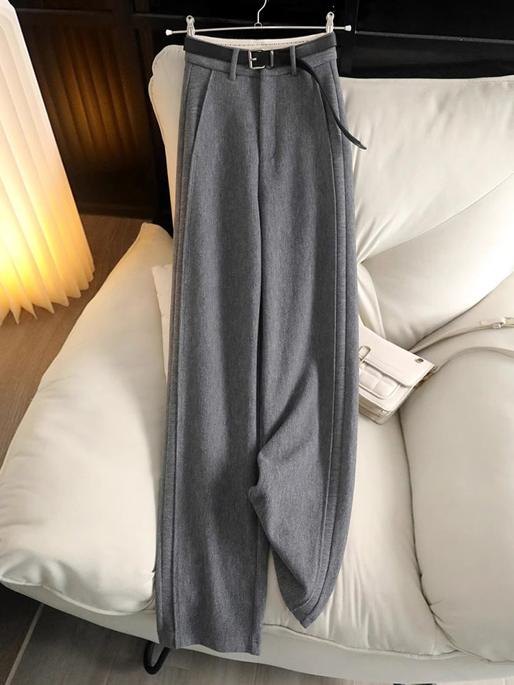 灰色毛呢西装裤女秋冬款高级感垂感高腰显瘦小个子直筒窄版阔腿裤