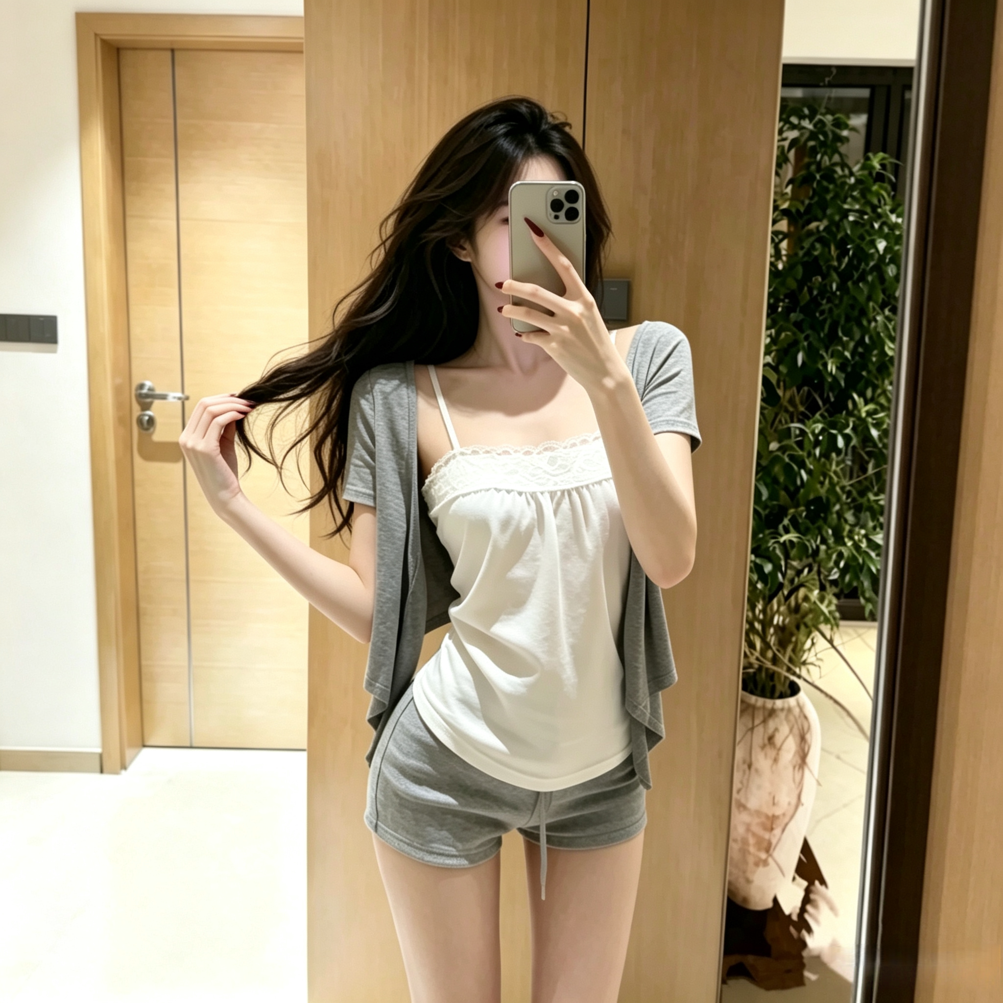 韩系纯欲蕾丝吊带开衫短裤三件套图片