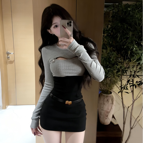 IQCQ辣妹韩系纯欲风性感拉链镂空灰色上衣掐腰显瘦包臀短裙套装女