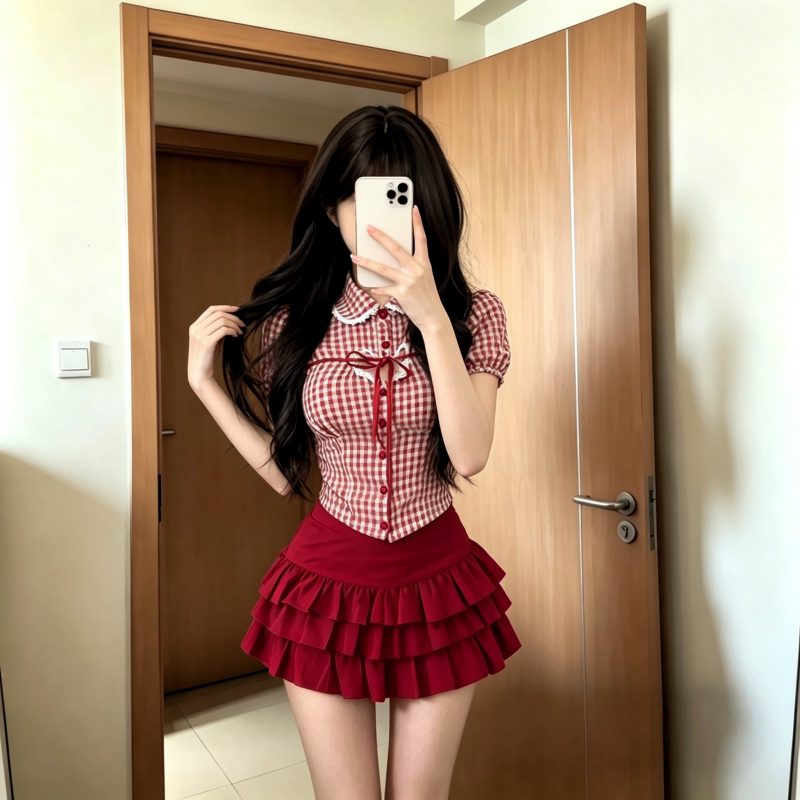 夏季格子短袖半身裙套装图片
