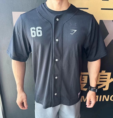 GYMSHARK鲨鱼健身训练纽扣开衫网眼棒球服短袖男女美式透气半袖