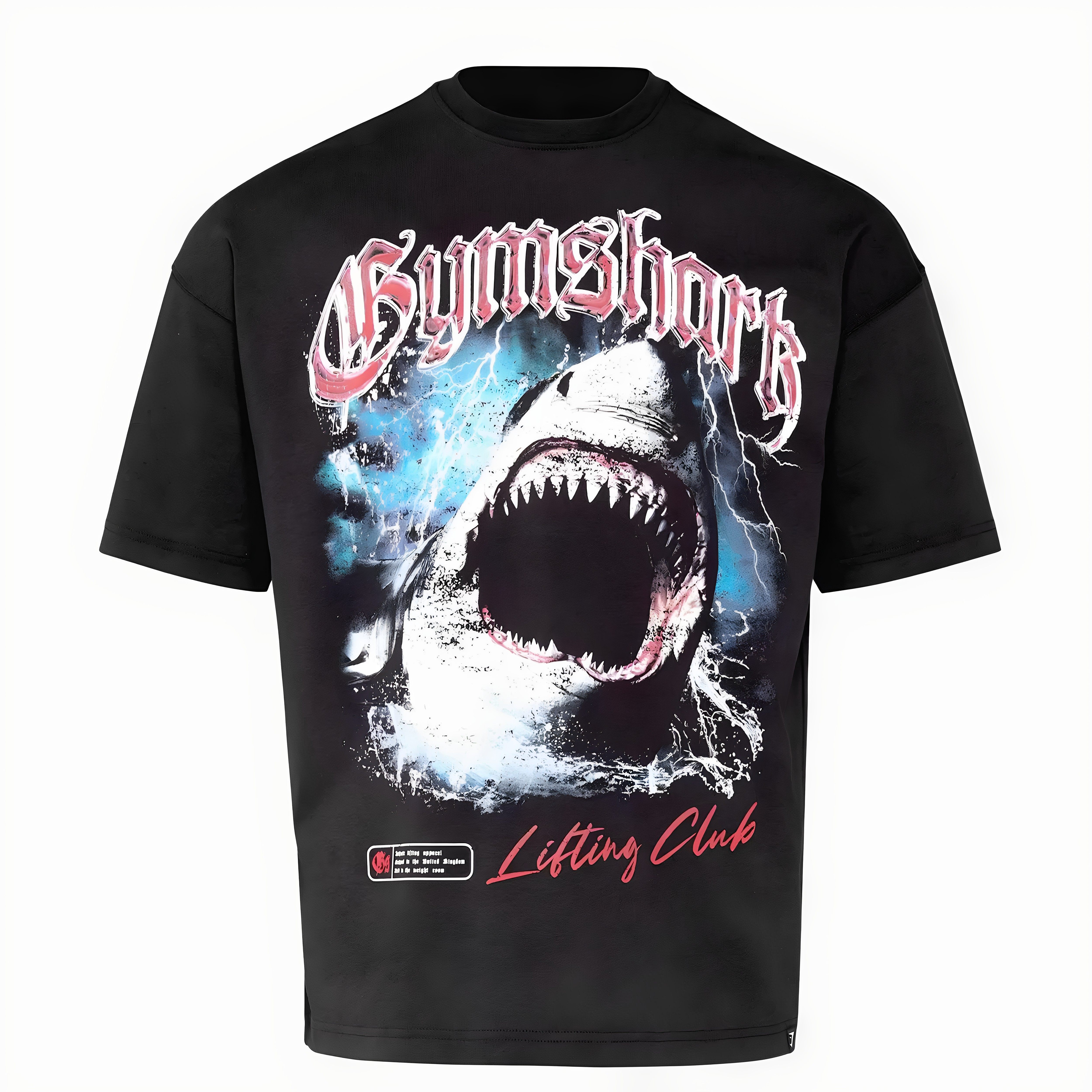 英国GYM鲨鱼健身宽松重磅棉短袖T恤男女美式大白鲨小领口五分袖