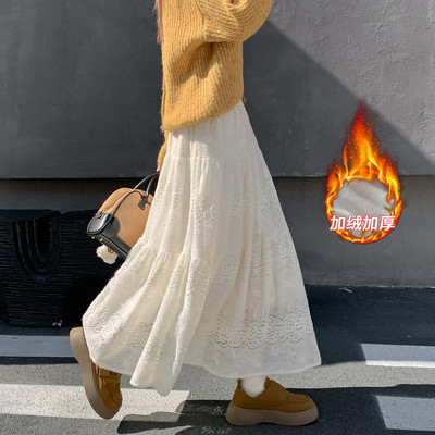秋冬季蕾丝加绒半身长裙温柔风大摆甜美遮跨显瘦松紧百搭半身裙女