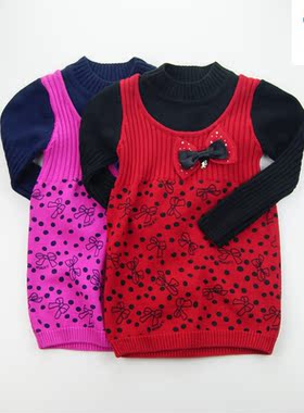 清仓特卖海威迩童装女童秋冬中大童假两件裙型撞色线衣毛衣127840