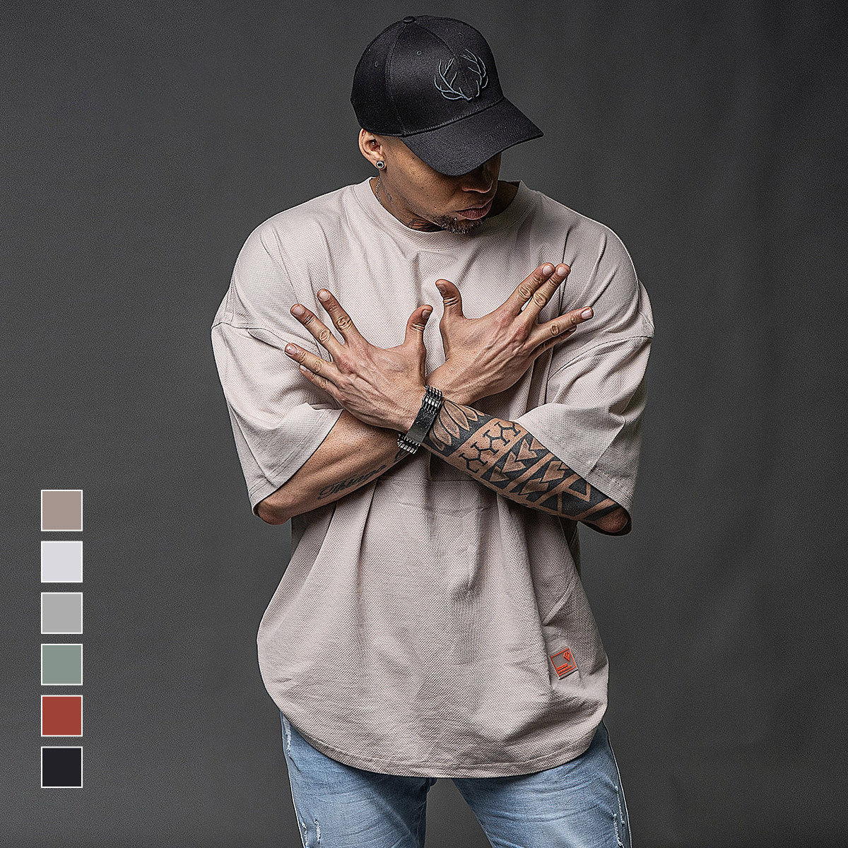 BD美式宽松运动短袖男篮球训练落肩袖健身肌肉t恤男士半袖短袖t恤