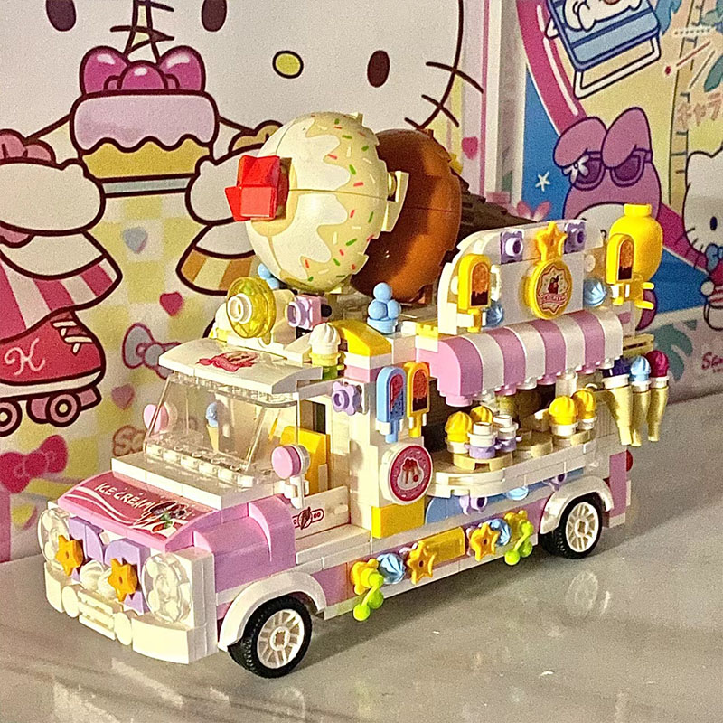 2023城市街景系列冰淇淋汉堡车积木拼装玩具男女孩生日小礼物摆件