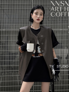 马夹背心坎肩女2024年秋装新款韩版设计感不规则pu皮宽松显瘦马甲