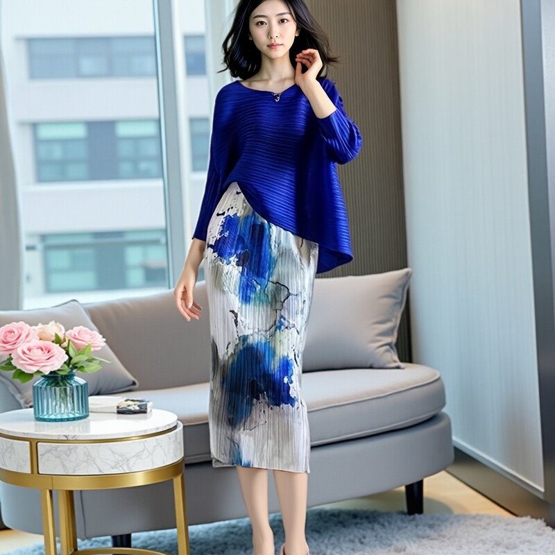 休闲三宅宽松夏季时尚直筒中长款印花垂感水墨半身裙百褶裙中长裙