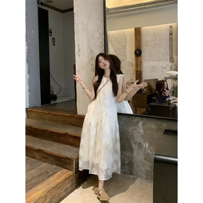 小个子甜美印花无袖中长款连衣裙女夏季新款减龄宽松显瘦背心裙子