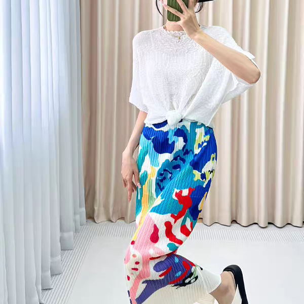 2025新款三宅风褶皱半身裙女夏季高腰显瘦印花裙子开叉百褶裙中裙
