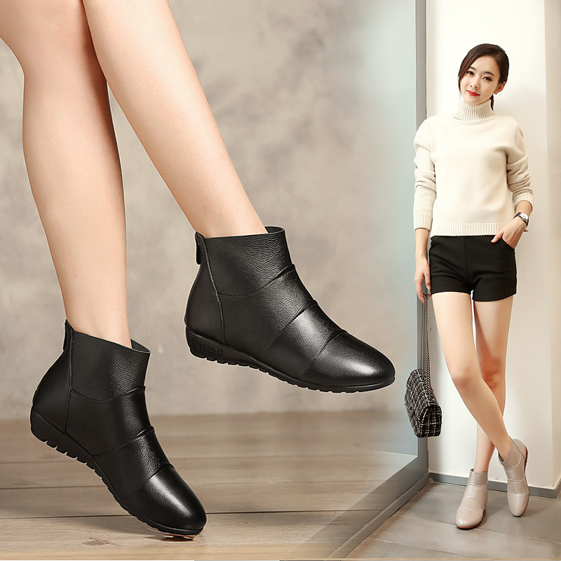 新款单靴真皮短靴女平底2023韩版百搭春秋冬高帮女鞋平跟马丁靴潮,女鞋,时装靴,淘宝优惠券,粉丝福利购,淘宝优惠卷