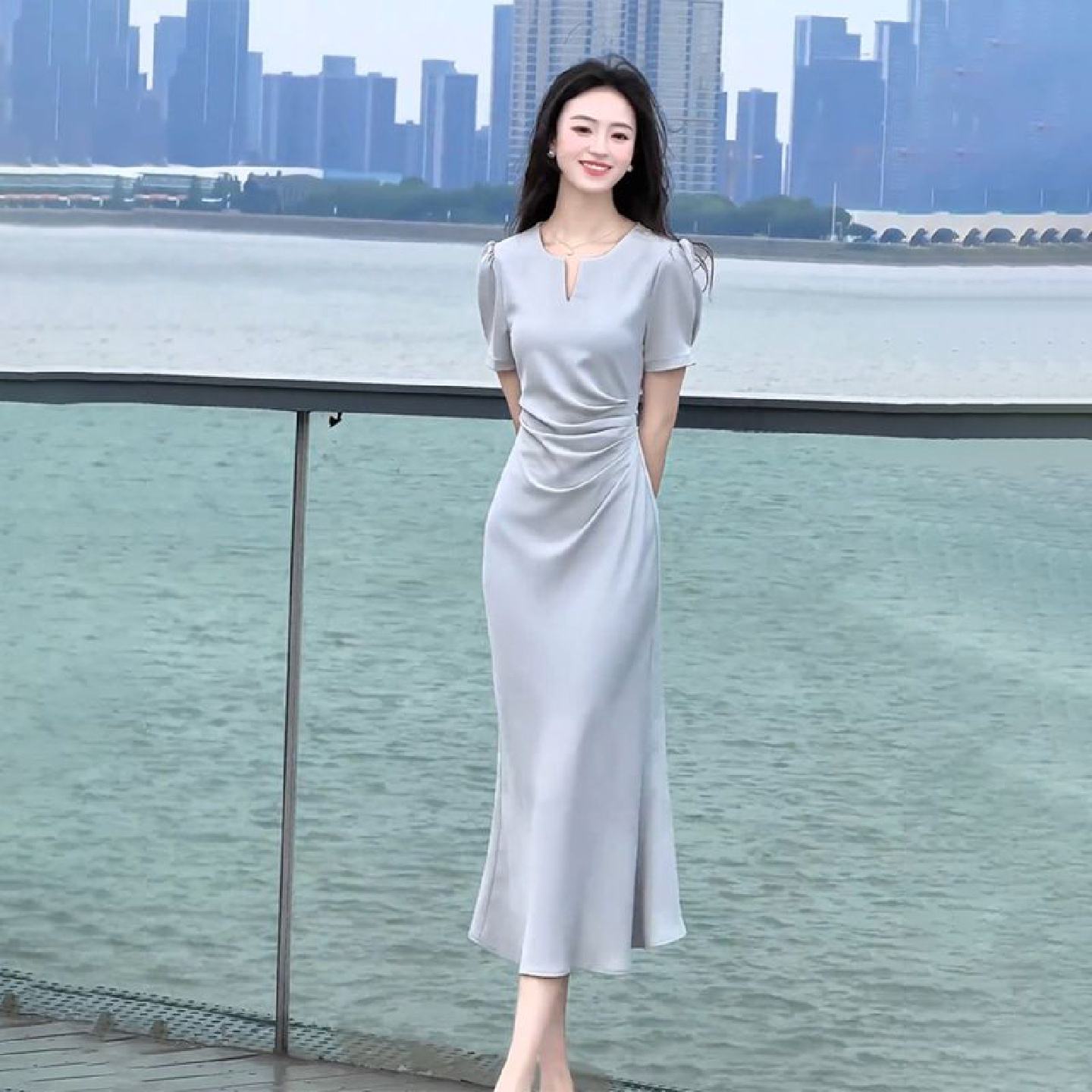 小香风时尚连衣裙女夏季新款高级感法式端庄大气收腰显瘦蓝色长裙