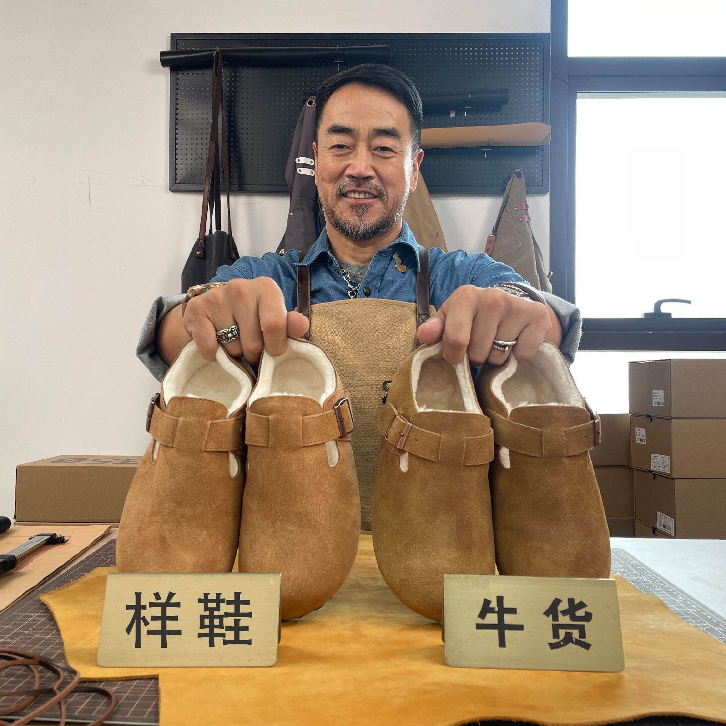 真皮桑坡加绒全包勃肯鞋男秋冬新款复古厚底软木底钓鱼拖鞋半拖女