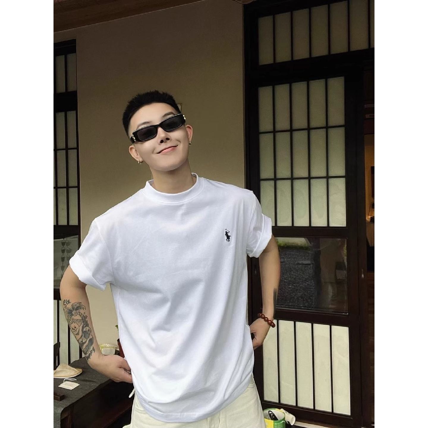 曼品质夏季重磅纯棉小领口320G绣标短袖t恤男士刺绣战马美式打底