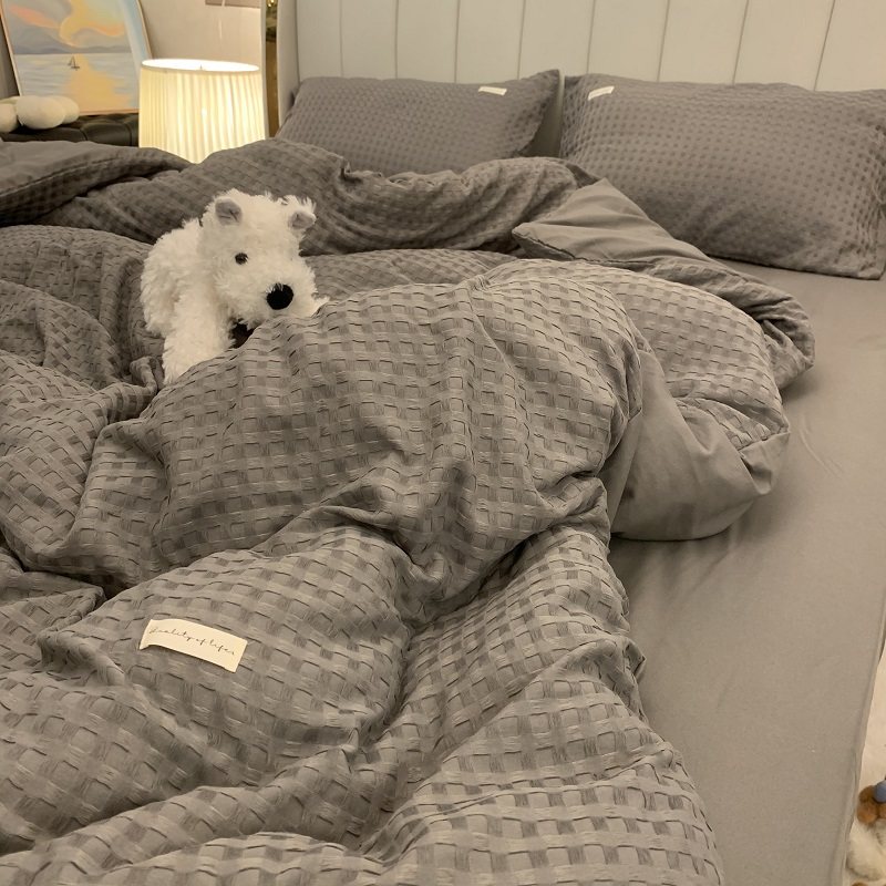 ins水洗人棉华夫格浅灰色床上四件套1.8m米北欧简约1.5床品三件套