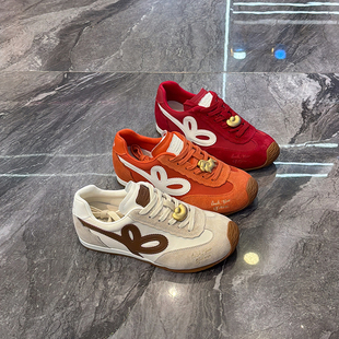 时髦小歪头~真皮平底德训鞋女2026春新款丑萌拼色花卉芭蕾运动鞋