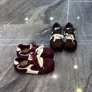 小众双色带~真皮内增高丑萌德训鞋女2025秋款复古拼色休闲阿甘鞋