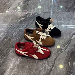 双色鞋带~真皮轻便德训鞋女2025秋新款复古拼色休闲运动阿甘鞋潮