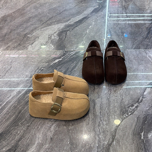 加绒穆勒鞋 日系 洋气皮带扣面包鞋 女2025秋冬款 真皮内增高勃肯鞋