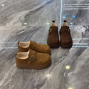 复古绒面厚底勃肯鞋女2025冬新款小个子增高百搭松糕鞋皮带扣单鞋