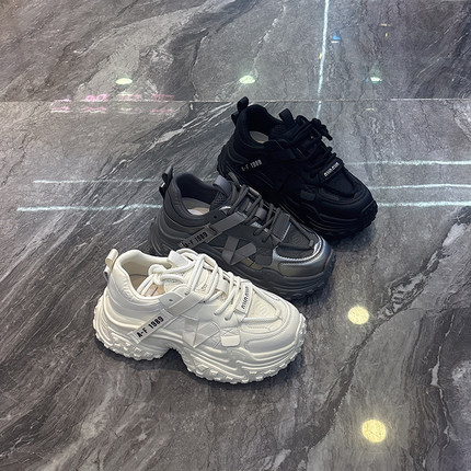 小个子厚底~真皮系带休闲老爹鞋女2025秋新款7cm增高时尚运动鞋潮