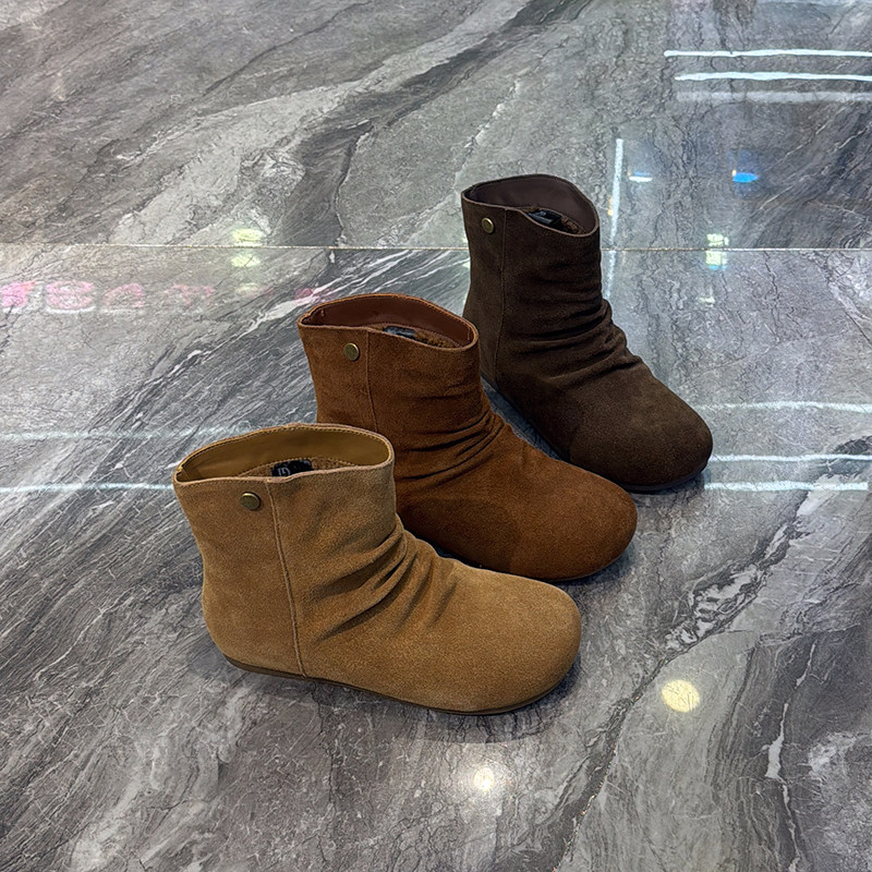 复古真皮褶皱堆堆靴女2025秋冬加绒时髦显脚小勃肯短靴美拉德靴子