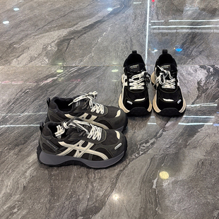 韩版真皮厚底加绒老爹鞋女2025冬新款时髦双色带显脚小运动阿甘鞋