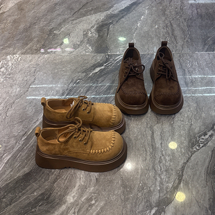 美拉德绒面厚底勃肯鞋女2026春新款小个子增高系带气质百搭乐福鞋