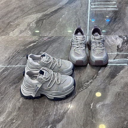 闪亮水钻~小个子7cm松糕老爹鞋女2026春新款透气系带休闲运动鞋