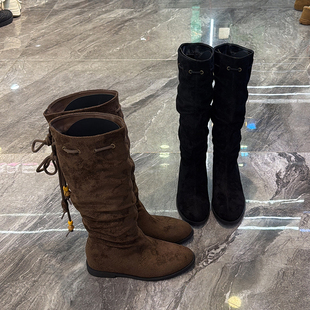 复古绒面不过膝牛仔靴女2025冬新款小个子百搭长筒靴子尖头时装靴