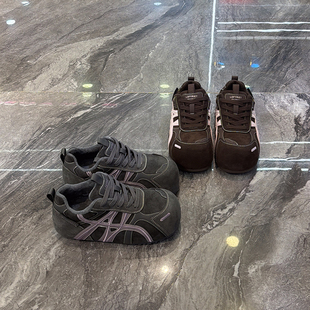 丑萌圆头拼色显脚小运动休闲鞋 真皮加绒内增高德训鞋 女2025冬新款