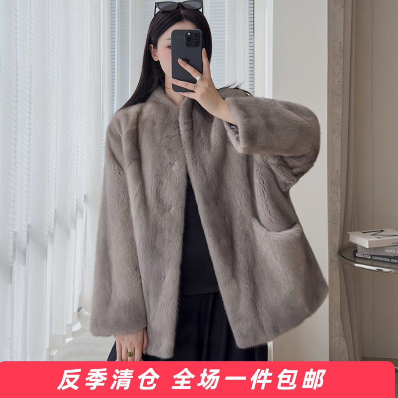 水貂毛整貂皮大衣女立领宽松廓形皮草慵懒风保暖貂毛大口袋外套