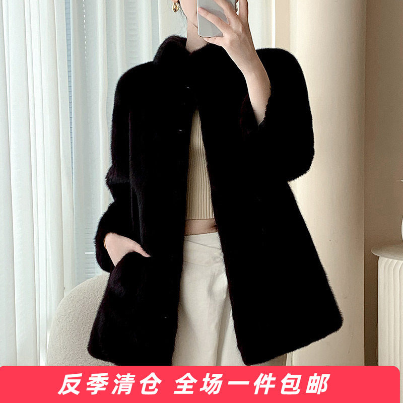 2025冬季新款水貂皮大衣女中长款立领海宁进口整貂皮草外套修身