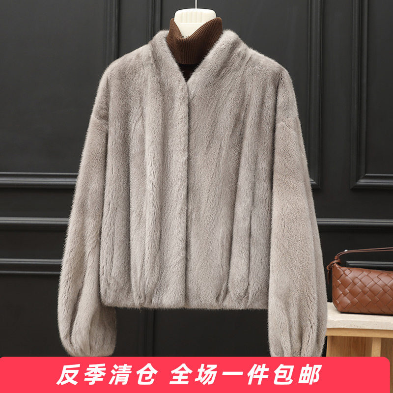 貂皮大衣女V领时尚整貂皮草外套短款海宁裘皮2025冬新母貂毛本色