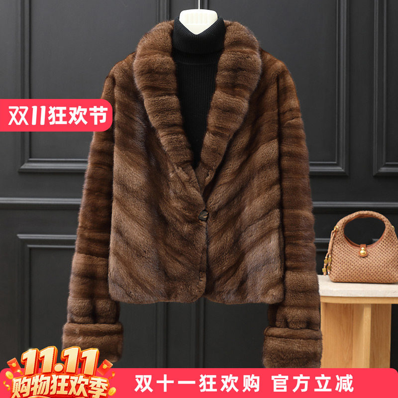 秋冬水貂皮大衣进口小母貂女青果领挽袖经典百搭新款1011