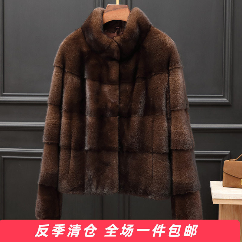 水貂皮大衣女进口整貂立领皮草外套时尚横排小母貂短款美拉德
