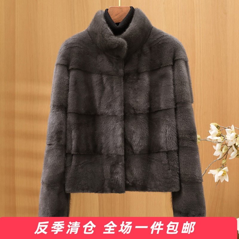 水貂皮大衣女立领短款横排整貂毛皮草外套简约立领高品质穿搭