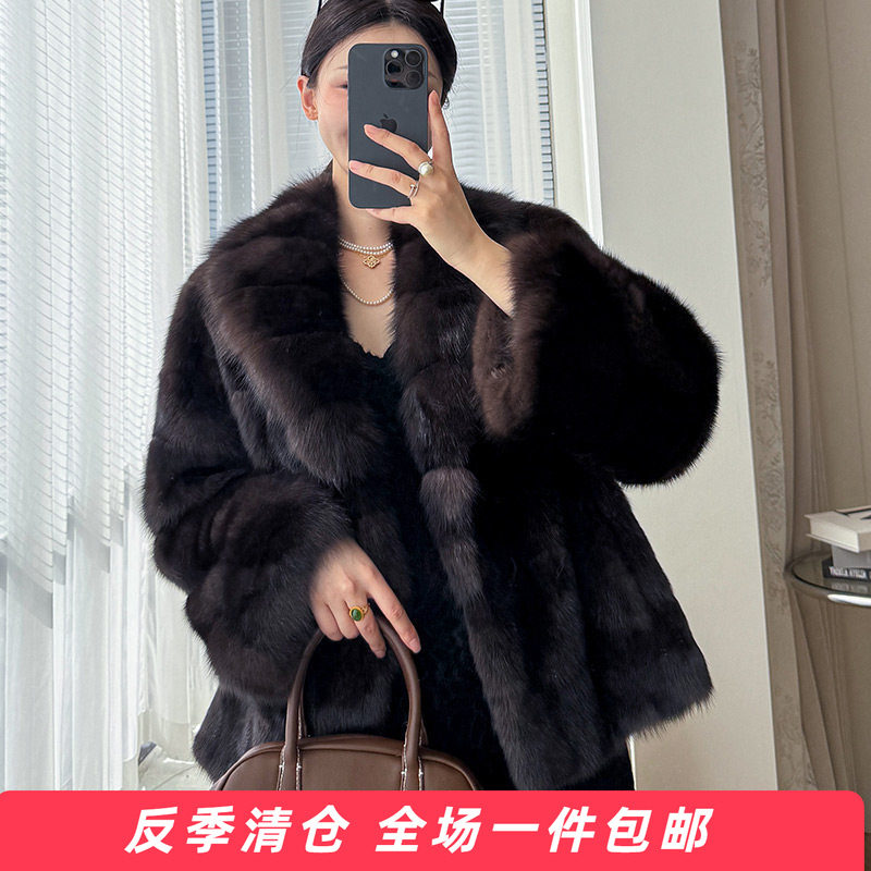 进口紫貂皮草外套女士短款西装领海宁貂毛大衣冬季皮毛一体
